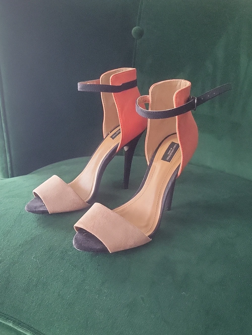 NEW Zara Colorblock Suede Ankle Strap Stiletto Heels Sandals Orange Black 37 6.5